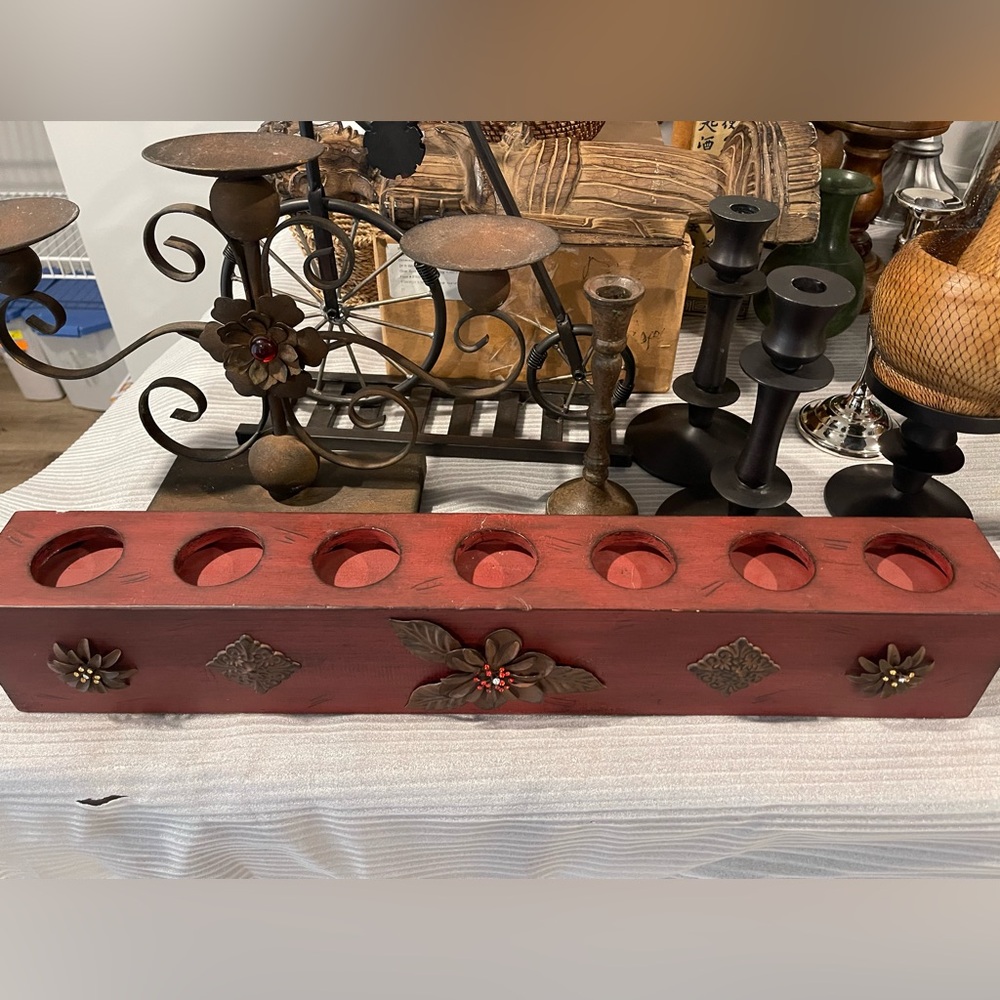 Pier 1 Rustic Wooden Six (6) Tealight Candle Holder- metal and jewel accents